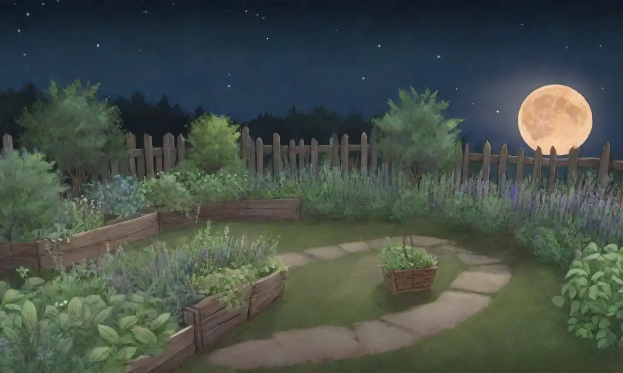 Una noche serena con luna llena ilumina campos verdes y hierbas frescas