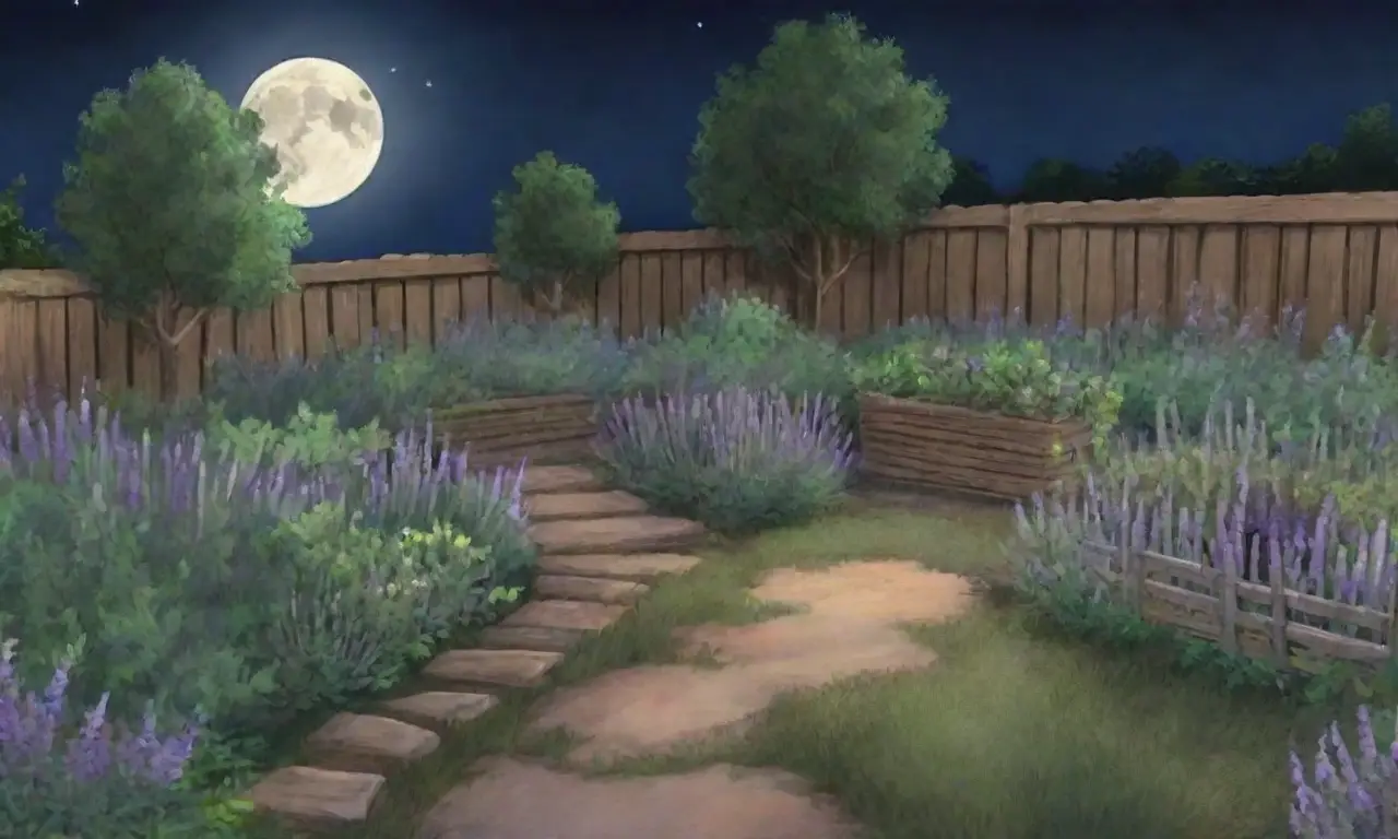 Una noche serena ilumina un jardín de hierbas frescas bajo la luna llena