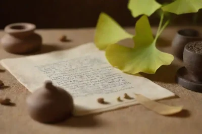 hojas de Ginkgo biloba mostradas junto con herramientas y textos tradicionales de medicina herbal.