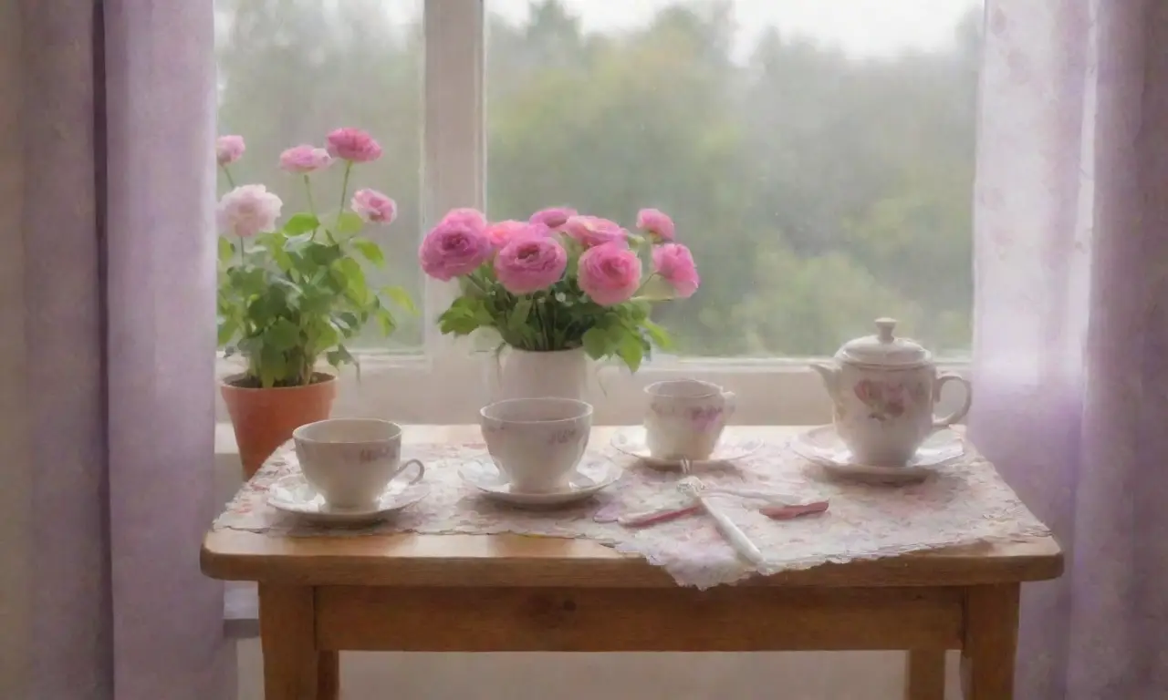 Un ambiente sereno con colores suaves, flores, té humeante y luz filtrada