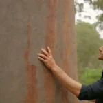 Una persona con conocimientos que examina un árbol de eucalipto sano y sus características distintivas.