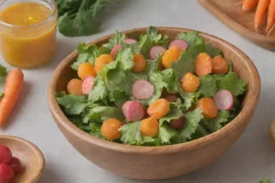 Una ensalada colorida y fresca con ingredientes vibrantes lista para un aderezo delicioso