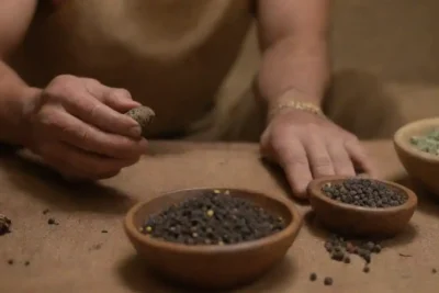 Una curadora tradicional que prepara pimienta negra con remedios herbales y herramientas indígenas.