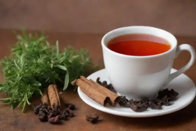 Telas exhibidas junto con remedios herbarios y una taza de vapor de té