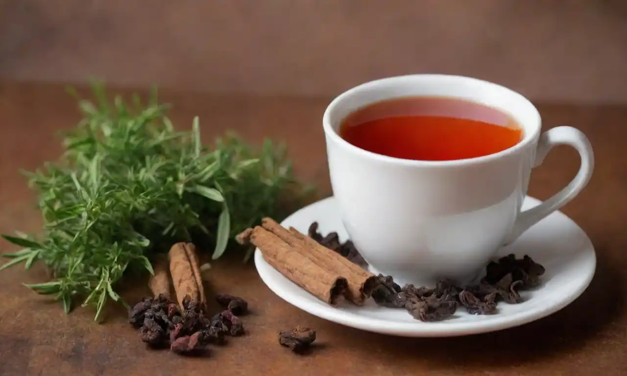 Telas exhibidas junto con remedios herbarios y una taza de vapor de té