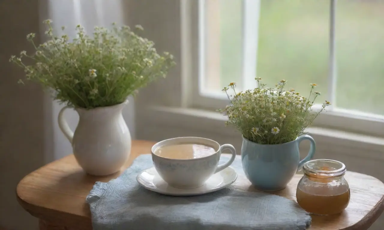 Un ambiente sereno y acogedor invita a la relajación con té, flores y luz suave