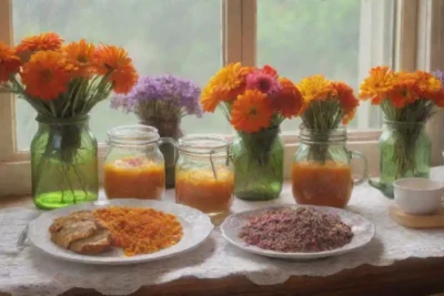 Una cocina acogedora llena de flores