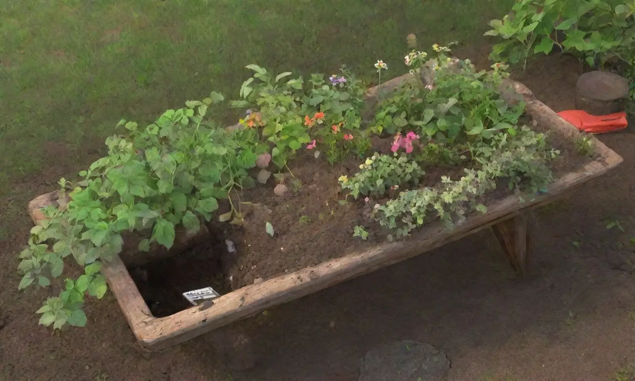 Un jardín vibrante con hojas verdes, flores, herramientas de cultivo y naturaleza en armonía