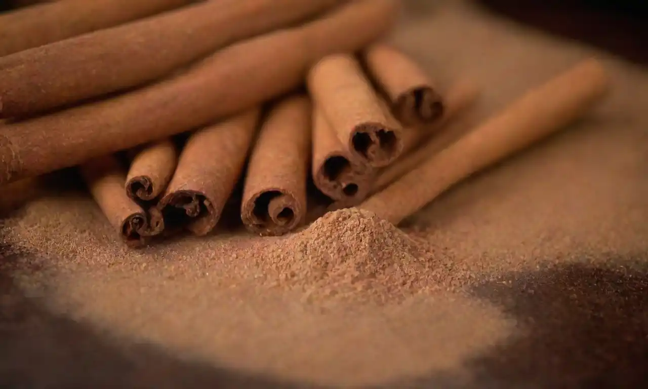 Varios palos de canela y polvo mostrados con alimentos saludables como fondo.
