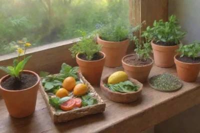 Un rincón de cocina acogedor y vibrante con hierbas frescas