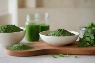 Ingredientes e instrucciones paso a paso mostradas en un mostrador de cocina para hacer gel Moringa.