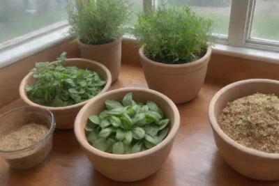 Un acogedor y vibrante entorno de cocina lleno de hierbas frescas