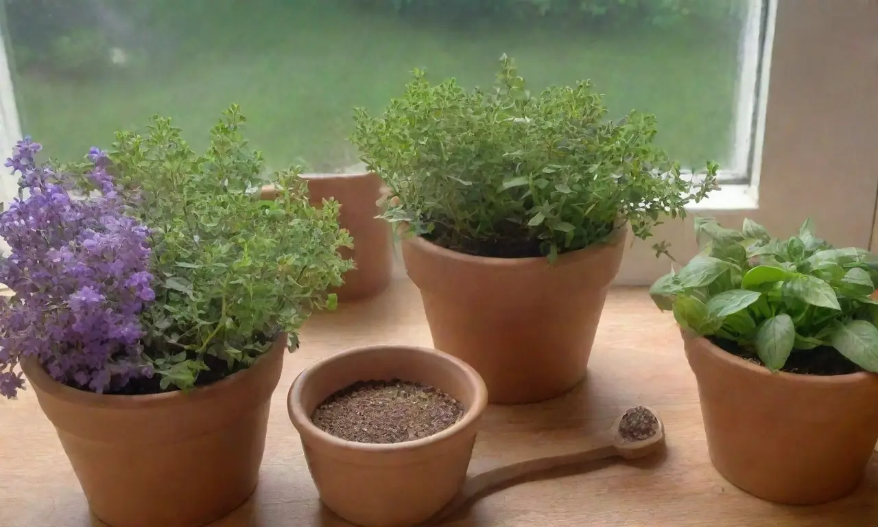 Un campo verde con orégano, flores moradas, una mesa rústica y una cocina acogedora llena de aromas y sabores