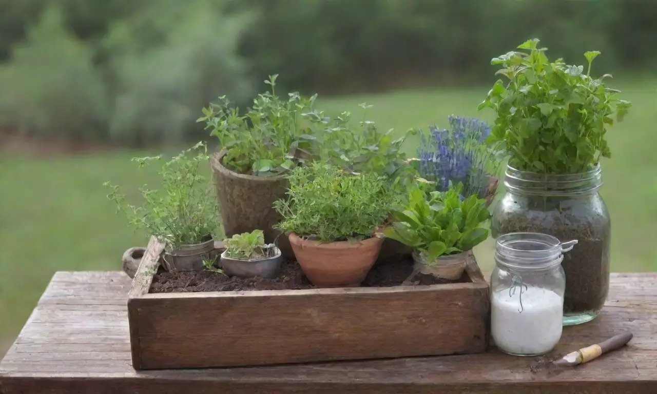 Un jardín herbal sereno con hojas verdes, flores suaves, luz filtrada, y un ambiente tranquilo