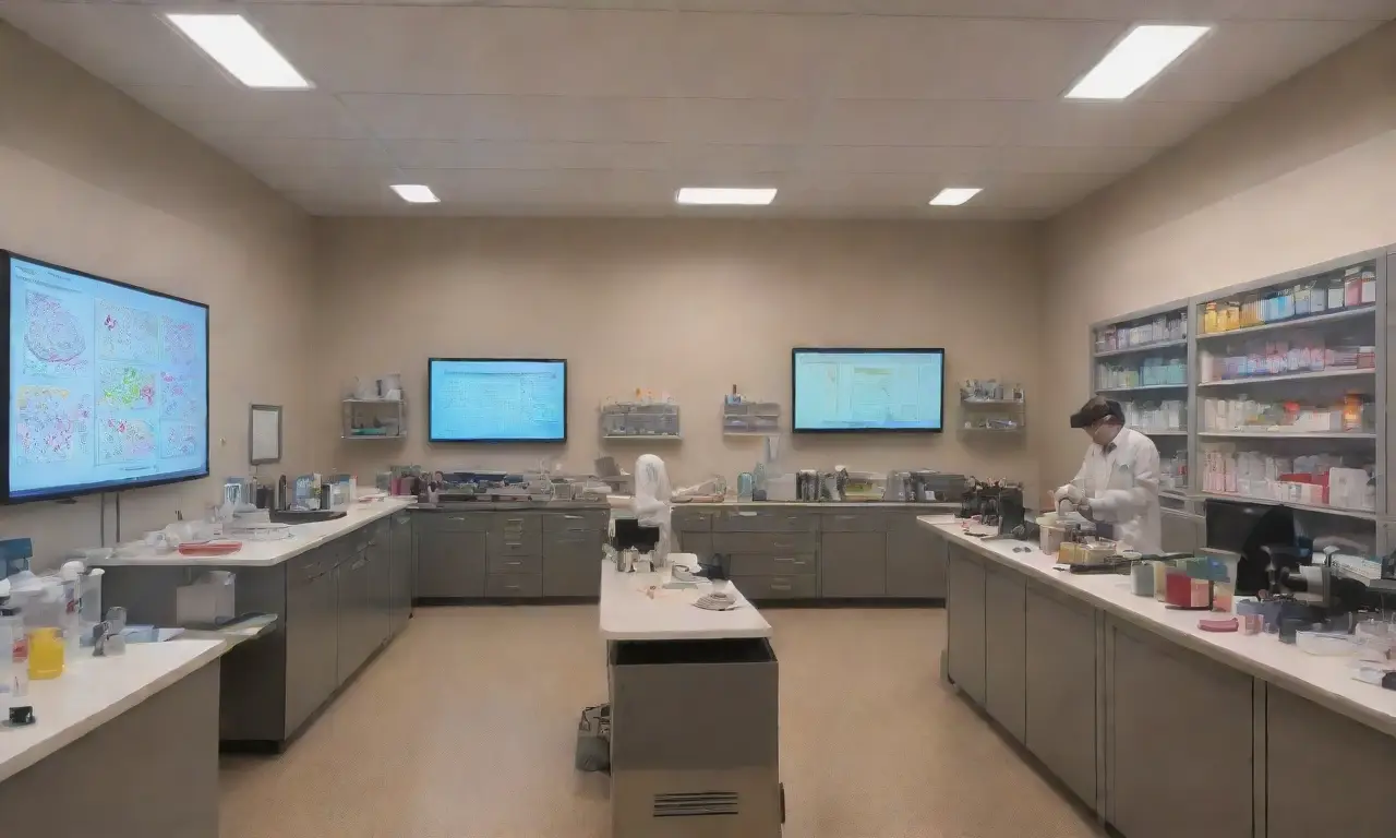 Un dinámico laboratorio lleno de investigadores, cultivos bacterianos, microscopios y un ambiente de innovación