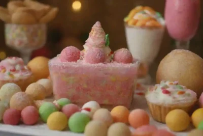 Un carrito de jengibre decorado con dulces y glaseado colorido en una mesa festiva.