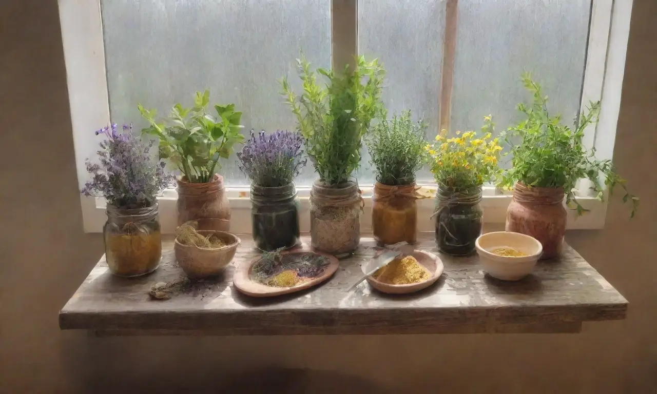 Un rincón acogedor de cocina lleno de hierbas frescas, flores, especias y luz natural