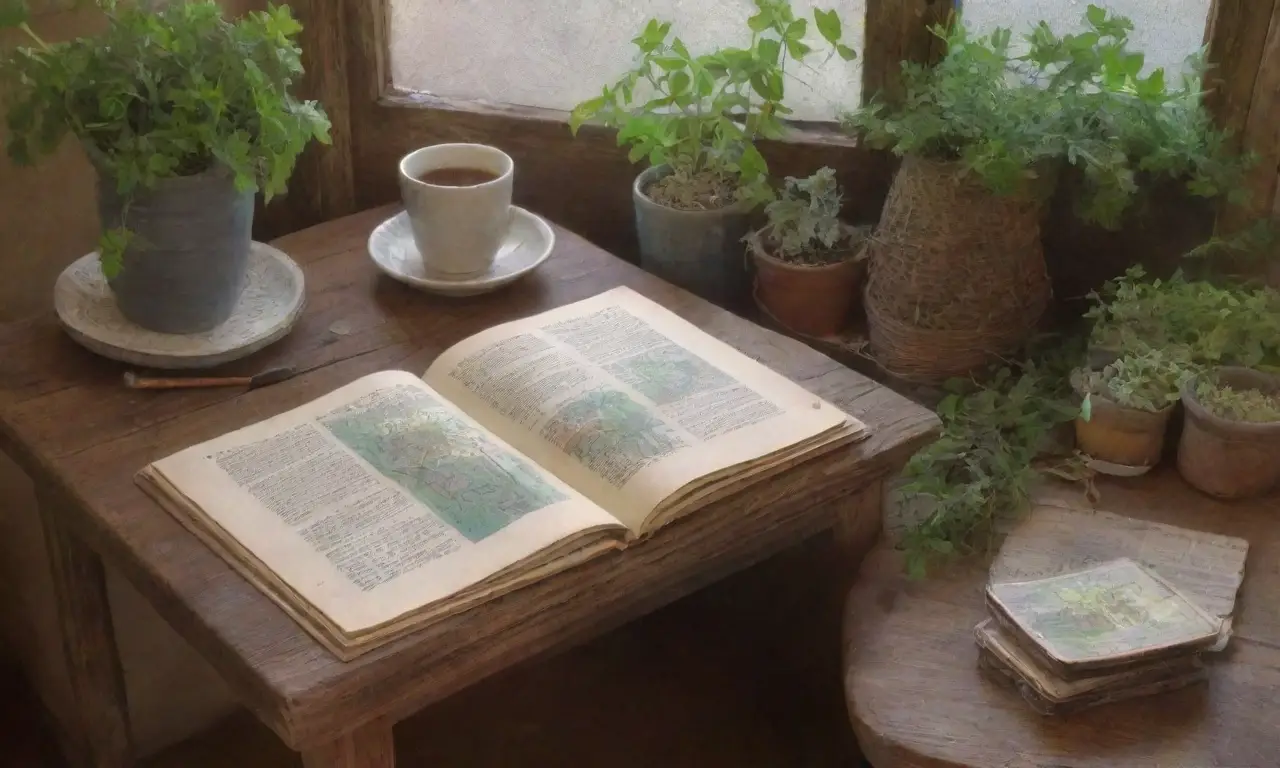 Un rincón acogedor lleno de naturaleza, libros antiguos, investigación y aromas de hierbas