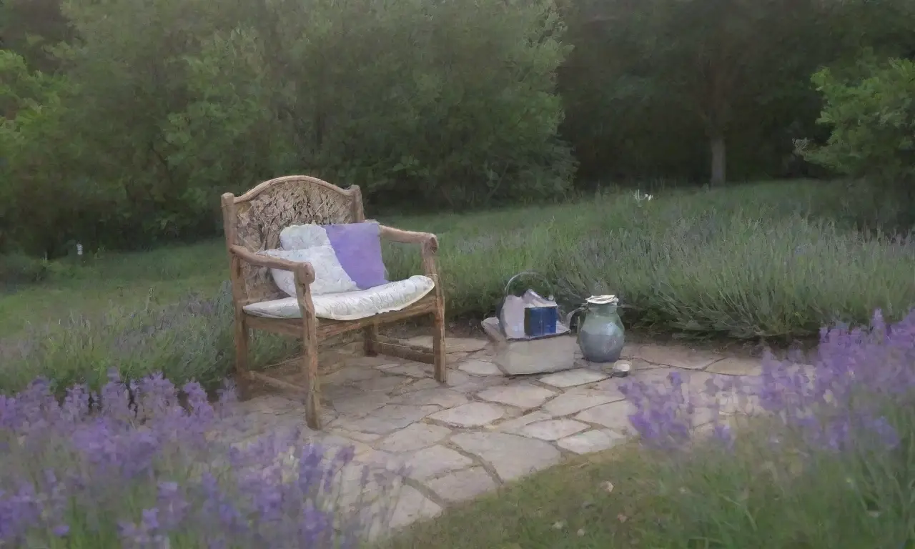 Un sereno jardín con lavanda, luz suave, y un ambiente relajante