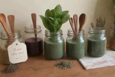 Un ambiente rústico y acogedor con frascos de extractos herbales