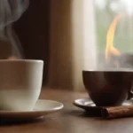 Pegatinas de canela y una taza de té de vapor rodeada de una decoración tranquila y acogedora.