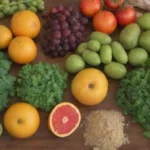 Las hojas de Moringa se exhiben junto a un surtido vibrante de frutas y verduras