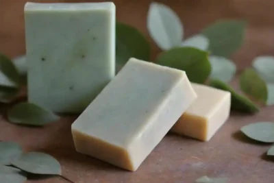 Hojas de eucalipto frescas junto a jabones artesanales en una mesa rústica.