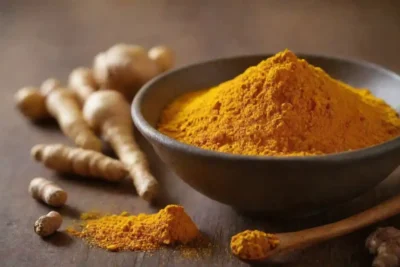 Un tazón vibrante de platos con polvo de cúrcuma amarillo brillante y raíces de cúrcuma frescas.