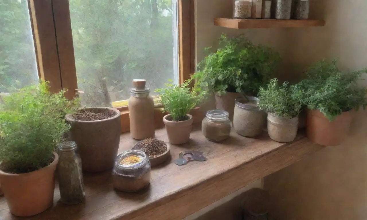 Una cocina serena y acogedora llena de hierbas, té y un ambiente de tranquilidad