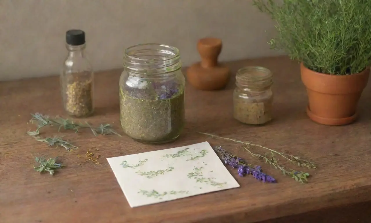 Un ambiente rústico y tranquilo con hierbas, ungüentos dorados y aromas curativos