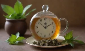 Una taza de té nettle con hojas frescas y un reloj indicando tiempos de consumo recomendados.