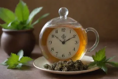 Una taza de té nettle con hojas frescas y un reloj indicando tiempos de consumo recomendados.