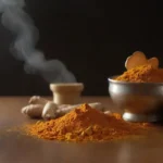 Turmérica raíz y polvo mostrado junto con los iconos de vapor de inhalación y bienestar.