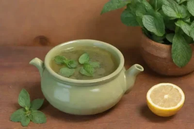 Un acogedor rincón de cocina con té de menta