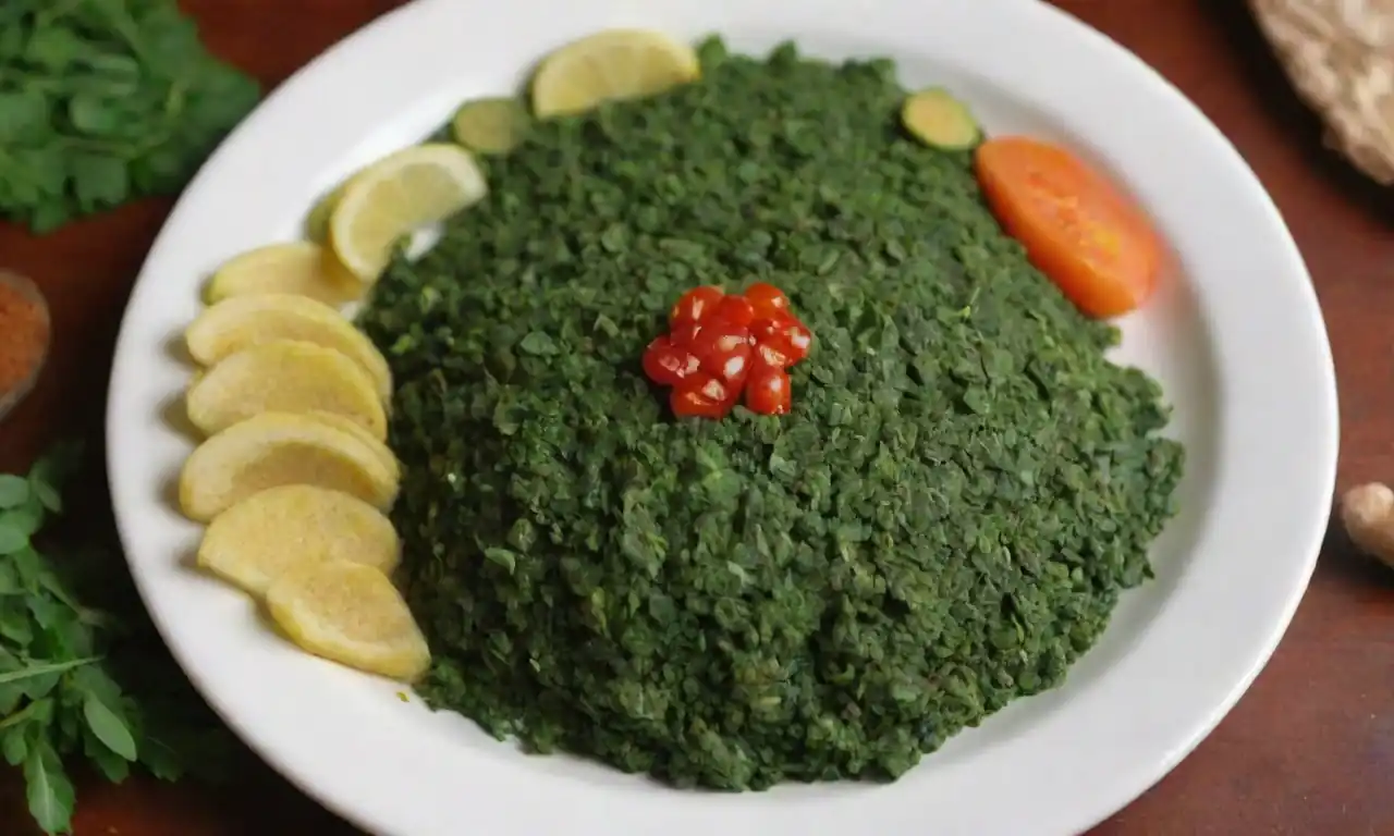 Un plato vibrante de platos hechos con hojas de moringa