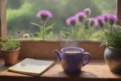 Un campo verde vibrante con cardo mariano y una cocina serena que invita a la relajación y la sanación