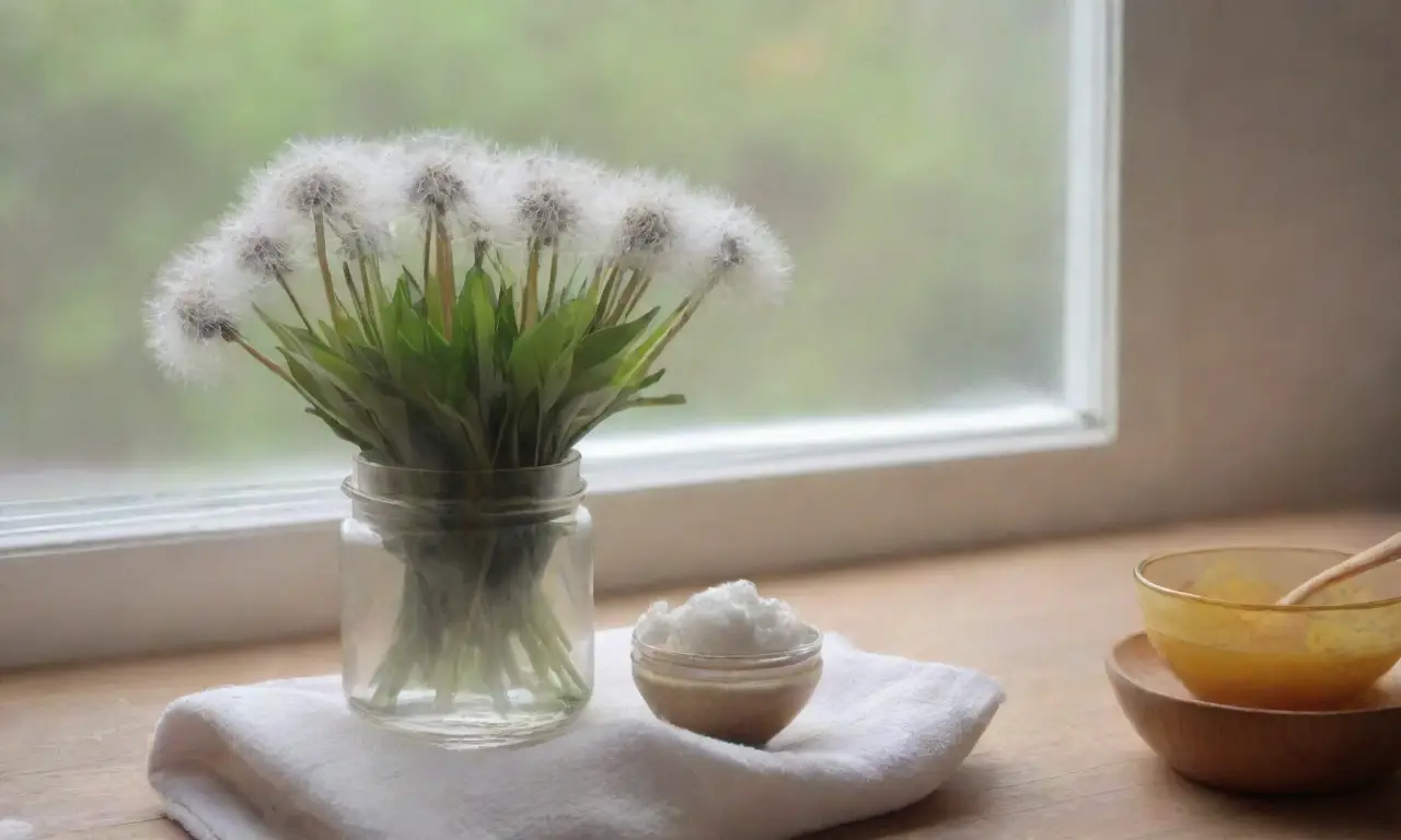Un ambiente sereno y elegante con diente de león y productos naturales para el cuidado personal