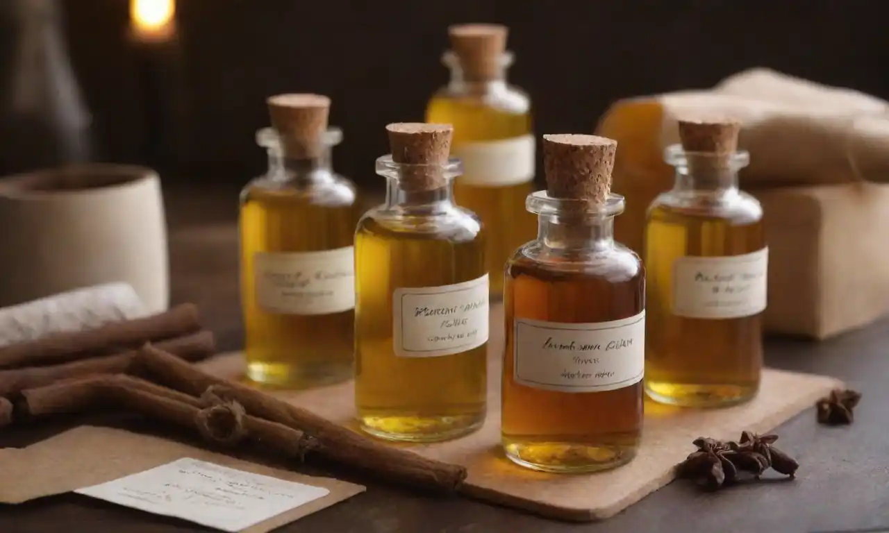 Botellas de aceites aromáticos infundidos con clavos junto con ingredientes frescos y tarjetas de receta.