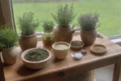 Una acogedora cocina rústica llena de hierbas frescas