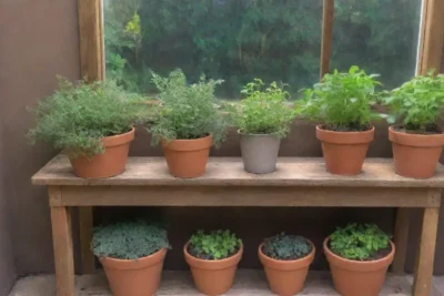Un rincón acogedor lleno de plantas vibrantes y herramientas de jardinería