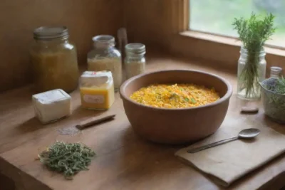 Una acogedora cocina rústica llena de hierbas frescas y herramientas para crear ungüentos
