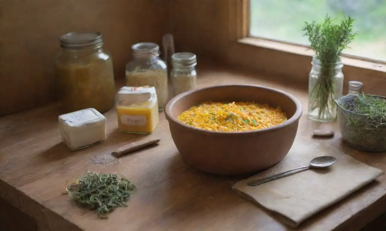 Una acogedora cocina rústica llena de hierbas frescas y herramientas para crear ungüentos