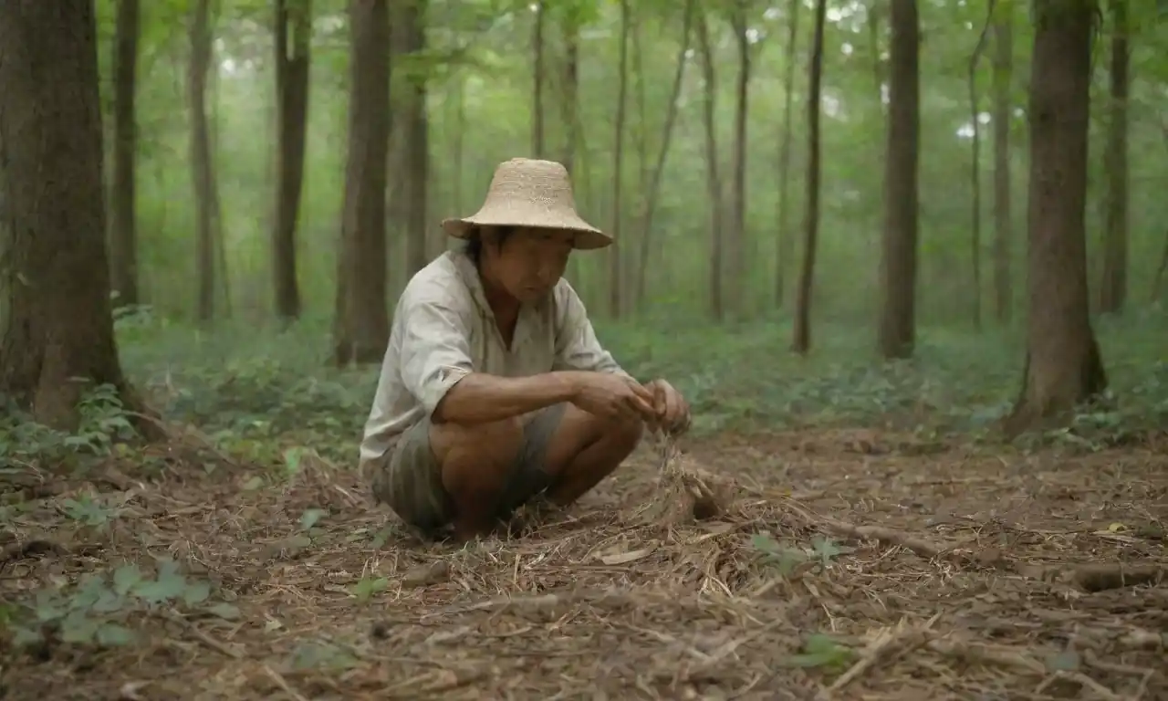 Los indígenas cosechan ginseng en un bosque exuberante