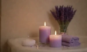 Una escena de baño tranquila con velas lavandas