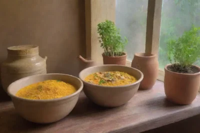 Una acogedora cocina llena de ingredientes vibrantes y aromas reconfortantes