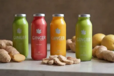 Una gama colorida de bebidas de energía casera de jengibre junto con jengibre fresco e ingredientes en una contra.