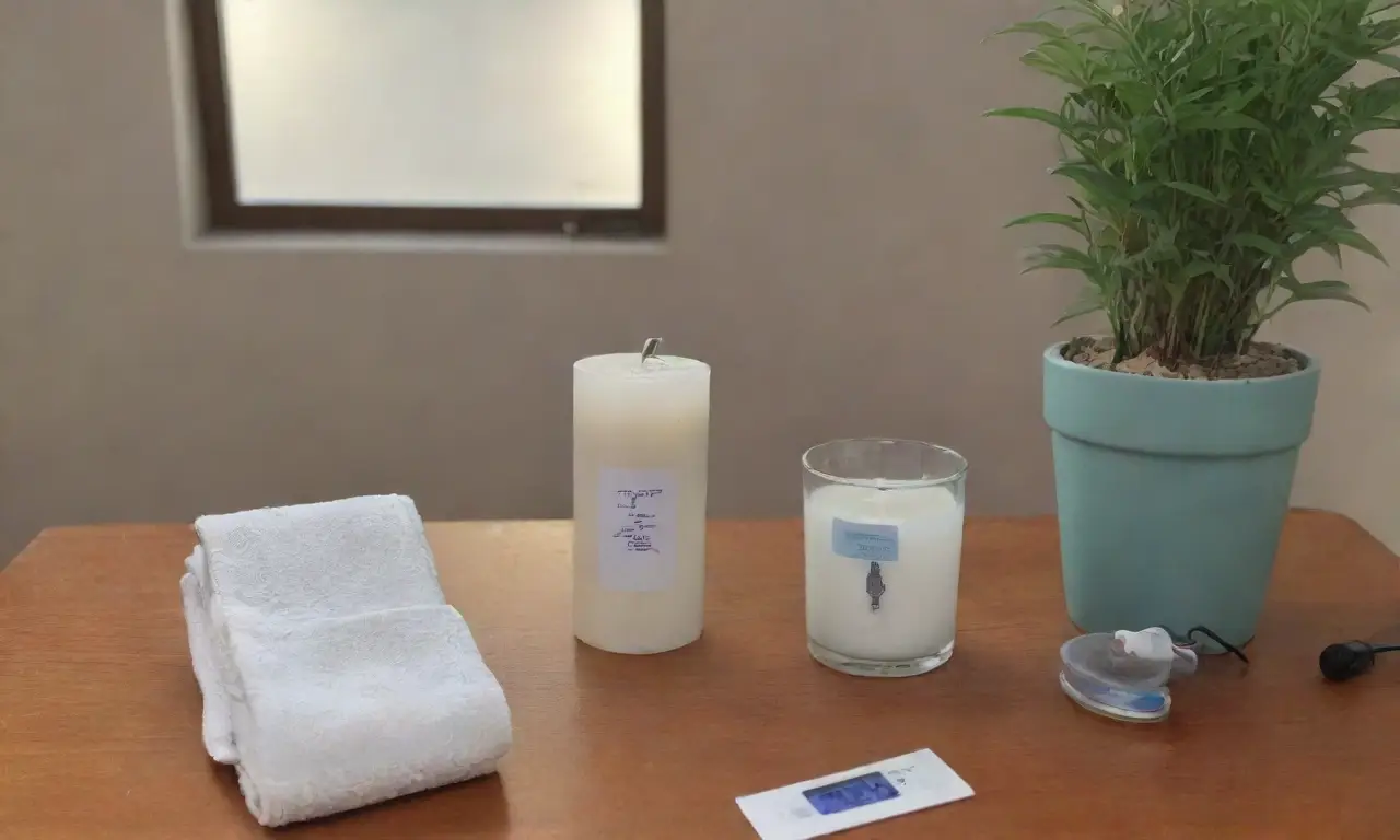 Un ambiente acogedor y tranquilo con un inhalador colorido, agua, plantas y elementos médicos