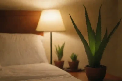 Planta de Aloe vera junto a un ambiente tranquilo dormitorio con iluminación suave.