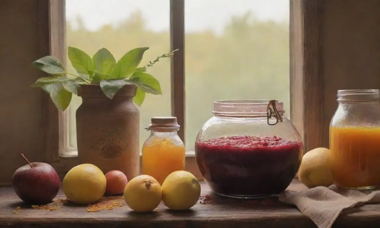 Un acogedor y cálido entorno de cocina con frutas, especias y luz suave