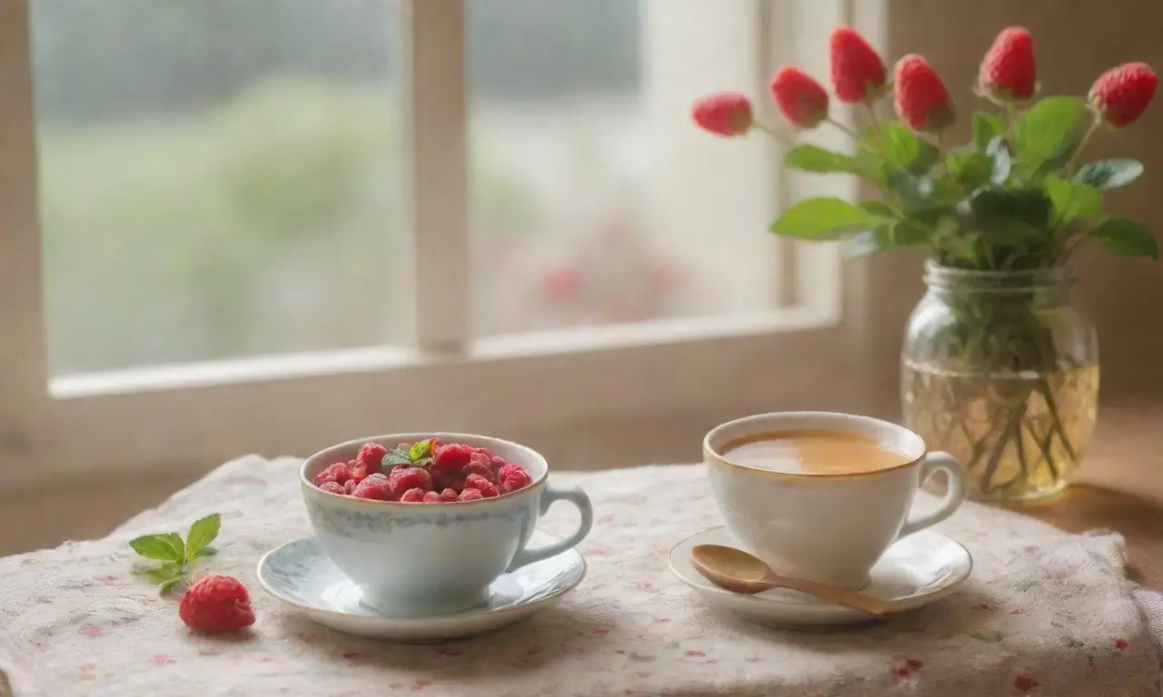 Un ambiente sereno con té, frambuesas, miel y luz suave